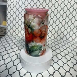 Strawberry Floral Glass Jar with Pink Lid
